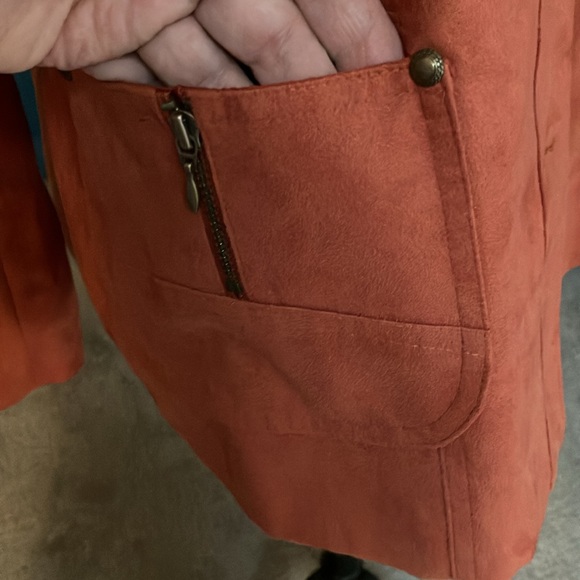 14P Tan Jay Burnt Orange Faux Suede Jacket Metal Buttons Zipper Pockets - Picture 11 of 11